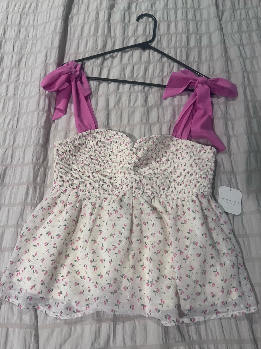 Altar'd State Cream Floral Smocked Tank with Pink Tie Straps
